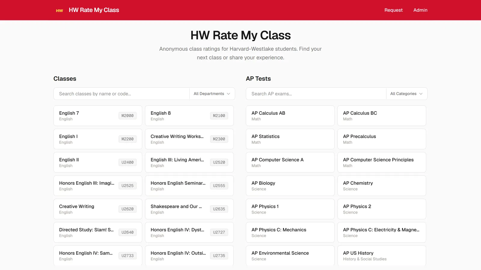 HW Rate My Class — demo screenshot